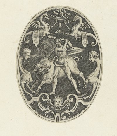 Decoración de la superficie: Hércules captura al jabalí Erymantic Decoraciones de superficie ovalada con las hazañas de Hércules en grutescos (título de la serie) de Gerard de Jode
