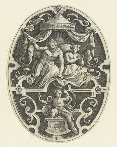 Decoración de superficie: Hércules estrangula a las dos serpientes en su cuna Decoraciones de superficie ovalada con las hazañas de Hércules en grutescos (título de la serie) de Gerard de Jode