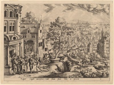 Tobías llega a la casa de Raguel de Gerard de Jode after Hans Bol