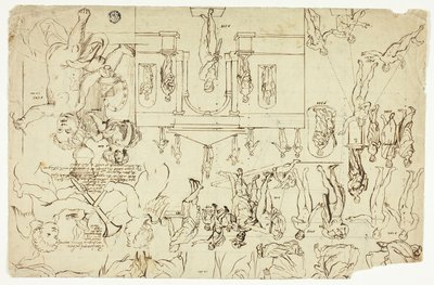 Copias según ilustraciones de estatuas y pinturas (anverso); Medidas para el esqueleto de un hombre (reverso) de Gerard de Lairesse