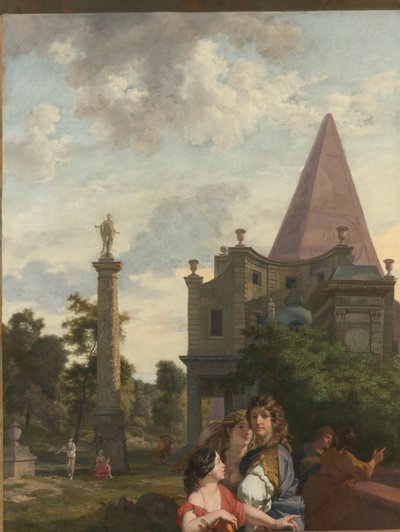 Paisaje italiano con tres mujeres en primer plano
Decoración para una habitación de la casa de Jacob de Flines en Ámsterdam (título de la serie) de Gerard de Lairesse