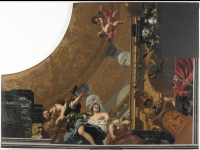 Parte (abajo a la derecha) de una pintura en el techo que representa a Diana y sus acompañantes como escena principal de Gerard de Lairesse
