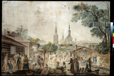 Una cura termal (Sauna) en Moscú (Un baño de cura en Moscú). Pintura de Gerard de la Barthe (activo entre 1787 y 1810). Acuarela sobre papel, 45,7 x 66,7 cm, hacia 1790. Arte francés del siglo XVIII. Museo de colecciones privadas en A. Pushkin Museo de Bel de Gerard de la Barthe
