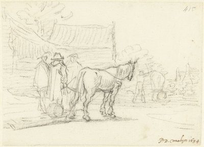 Tres hombres junto a un caballo y un trineo. de Gerard ter Borch (II)
