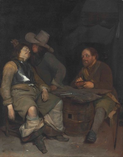 Interior de una sala de guardia con un soldado echando humo de Gerard ter Borch