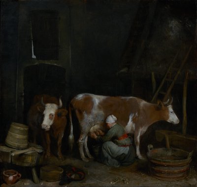 Una criada ordeñando una vaca en un establo de Gerard ter Borch