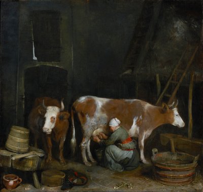 Una criada ordeñando una vaca en un establo de Gerard ter Borch