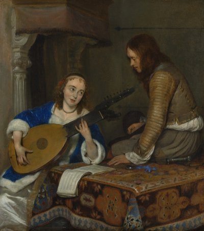 Una Mujer Tocando el Laúd Teorbo y un Caballero, c.1658 de Gerard ter Borch