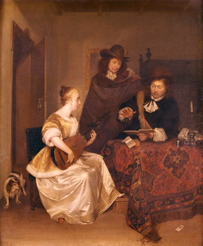 Una joven tocando un teorbo para dos hombres, 1667-68 de Gerard ter Borch