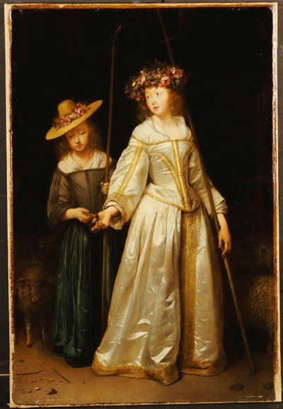 La hermanastra del artista, con su hermana menor Catharina dándole una flauta, 1651 de Gerard ter Borch