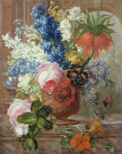 Rosas, Delfinios, Anémona, Capuchina y un Lirio Imperial en una Urna Esculpida sobre un Alfeizar de Mármol de Gerard van (after) Spaendonck