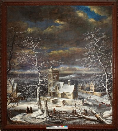 Un pueblo en invierno con figuras en el hielo de Gerard van Edema