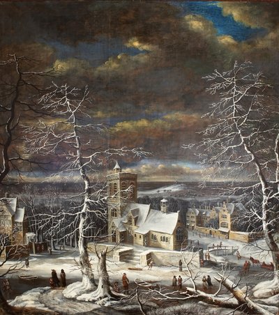 Un pueblo en invierno en un paisaje extenso con figuras en el hielo de Gerard van Edema