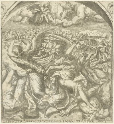 Cuatro ángeles de la muerte matan al pueblo después del sexto toque de trompeta Ledvntvr qvotvm frontes non signa tvtvr (título sobre objeto) Apocalipsis de Juan (título de la serie) de Gerard van Groeningen