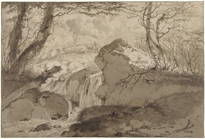 Paisaje de montaña con una cascada entre árboles, junto a la cual un pastor alimenta su rebaño de Gerard van Nijmegen