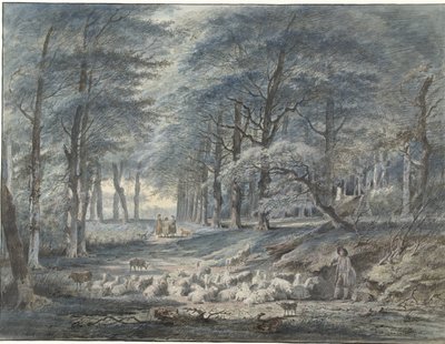 Escena de bosque con un pastor y ovejas y tres figuras de Gerard van Nijmegen