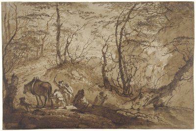 En un camino forestal, un caballo saca un árbol de un charco, guiado por unos cuatro hombres de Gerard van Nijmegen