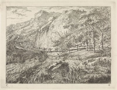 Empaca burros en un puente junto a una cascada Paisajes (serie C) (título de la serie) de Gerard van Nijmegen