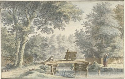 Paisaje con un puente en el que se encuentra un pescador de Gerard van Rossum