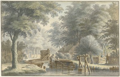 Paisaje con un puente en el que se encuentra un pescador de Gerard van Rossum