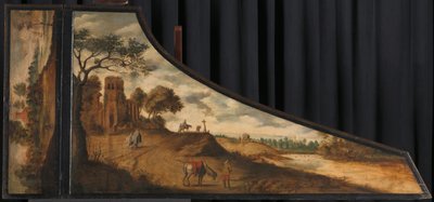 Tapa de un clavicordio
Pintura sobre la tapa de un clavicordio con un paisaje de colinas y viajeros de Gerard van der Horst (copy after)