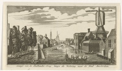 Ver a lo largo del wetering en Amsterdam Vista desde el puente Stadlander a lo largo de Wetering hasta la ciudad de Ámsterdam (título sobre el objeto) de Gerardus Condet