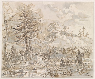 Lucha entre la caballería y los soldados de a pie en un paisaje de colinas de Gerardus Emaus de Micault