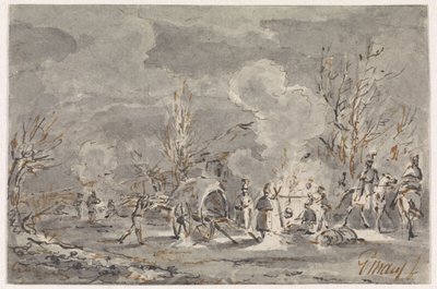 Campamento del ejército con soldados alrededor de una hoguera de Gerardus Emaus de Micault