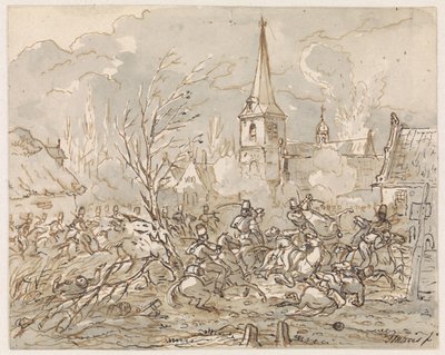 Los jinetes luchan en la toma de un pueblo de Gerardus Emaus de Micault