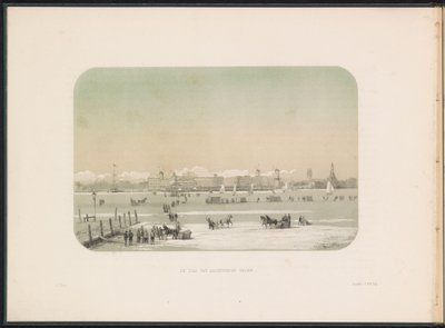 Entretenimiento sobre hielo en el Maas en Rotterdam, visto desde Katendrecht, 1855 La ciudad de Katendrecht vista (título sobre objeto) El entretenimiento sobre hielo en el Maas en Rotterdam en febrero de 1855, con subtítulos (título de la serie en el obje de Gerardus Johannes Bos