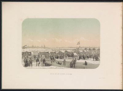 Entretenimiento sobre hielo en el Maas en Rotterdam, visto desde la fortaleza, 1855 Vista de la fortaleza de Maas (título sobre el objeto) El entretenimiento sobre hielo en el Maas en Rotterdam en febrero de 1855, con subtítulos (título de la serie en el o de Gerardus Johannes Bos