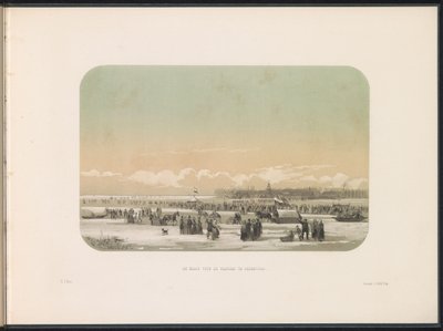 Entretenimiento sobre hielo en el Maas en Rotterdam, en la distancia la fábrica en Feijenoord, 1855 El Maas frente a la fábrica en Feijenoord (título sobre objeto) El entretenimiento sobre hielo en el Maas en Rotterdam en febrero de 1855, con subtítulos (t de Gerardus Johannes Bos