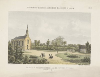 Iglesia y casa del portero detrás del Meerenberg Vista de la iglesia protestante y la casa del portero (título sobre objeto) El asilo médico para los dementes Meerenberg cerca de Haarlem (título de la serie sobre el objeto) de Gerardus Johannes Bos