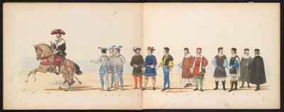 Mascarada de los estudiantes de Leiden, 1855 (lámina 11) Procesión de disfraces realizada por los miembros del cuerpo de estudiantes de Leiden el 12 de junio de 1855, en celebración del 280 aniversario de la Leidsche Hoogeschool, que representa la entrada  de Gerardus Johannes Bos