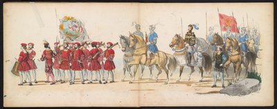 Mascarada de los estudiantes de Leiden, 1855 (lámina 14) Procesión de disfraces realizada por los miembros del cuerpo de estudiantes de Leiden el 12 de junio de 1855, en celebración del 280 aniversario de la Leidsche Hoogeschool, que representa la entrada  de Gerardus Johannes Bos
