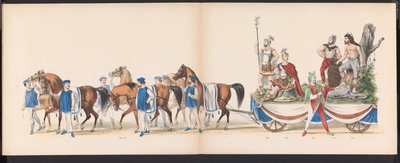 Mascarada de los estudiantes de Leiden, 1870 (lámina 15) Procesión de disfraces realizada por los miembros del cuerpo de estudiantes de Leiden el 7 de junio de 1870, en celebración del 295 aniversario de la Leidsche Hoogeschool, que representa una visita a de Gerardus Johannes Bos