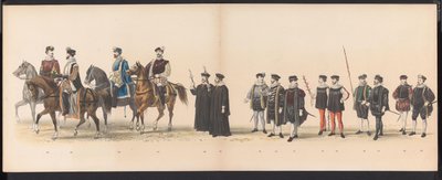 Mascarada de los estudiantes de Leiden, 1870 (lámina 6) Procesión de disfraces realizada por los miembros del cuerpo de estudiantes de Leiden el 7 de junio de 1870, en celebración del 295 aniversario de la Leidsche Hoogeschool, que representa una visita a  de Gerardus Johannes Bos