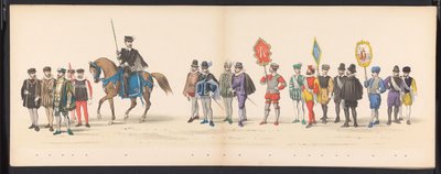 Mascarada de los estudiantes de Leiden, 1875 (lámina 2) Mascarada realizada por los miembros del cuerpo de estudiantes de Leiden el 15 de junio de 1875 en celebración del 300 aniversario de la Leidsche Hoogeschool, que representa la Leidsche Hoogeschool, r de Gerardus Johannes Bos