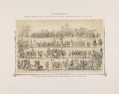 edición pública. Mascarada celebrada por los miembros del Leydsche Studenten-Corps, 11 de junio de 1860. La entrada del duque de Anjou en Amberes, 19 de febrero de 1582. (título sobre el objeto) de Gerardus Johannes Bos