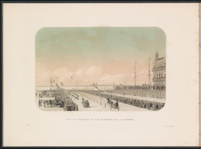 Carrera de carruajes tirados por caballos en el Maas en Rotterdam, 1855 Vista de las carreras de trotones con trineos tirados por caballos y bufones, a lo largo del Willemskade (título sobre el objeto) El entretenimiento sobre hielo en el Maas en Rotterdam de Gerardus Johannes Bos