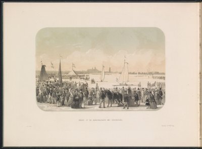 Concurso de yates de vela sobre hielo en el Maas en Rotterdam, 1855 Vista de la partida de hardsail con botes de hielo (título sobre el objeto) El entretenimiento sobre hielo en el Maas en Rotterdam en febrero de 1855, con subtítulos (título de la serie en de Gerardus Johannes Bos