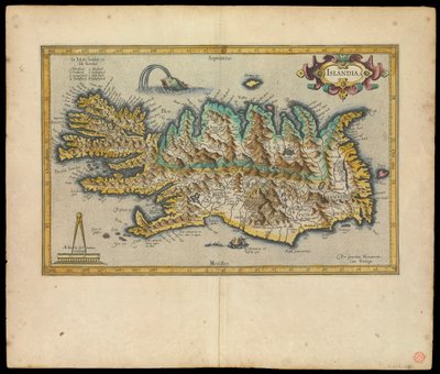 Islandia, Per Gerardum Mercatorem cum privilegio, c.1595 (tinta, acuarela, grabado, papel) de Gerardus Mercator