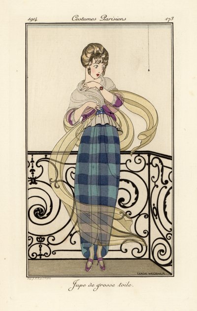 Mujer con falda grande de toile, asustada por una araña de Gerda Marie Frederike Wegener