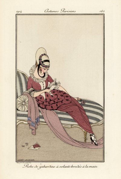 Mujer con vestido de gabardina con volantes bordados a mano de Gerda Marie Frederike Wegener