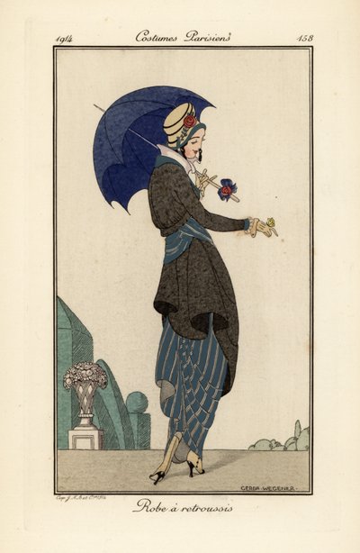 Mujer con vestido fruncido y abrigo con sombrero y parasol de Gerda Marie Frederike Wegener