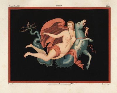 Una nereida (ninfa marina) con manto y brazaletes cabalgando sobre un monstruo marino o hipocampo, mitad caballo y mitad pez. Museo Naz. XXII, Stabiae. Dibujado y cromolitografiado por Victor Steeger a partir de Emile Presuhn (1844-1878) Las más bellas pin de Geremia Discanno