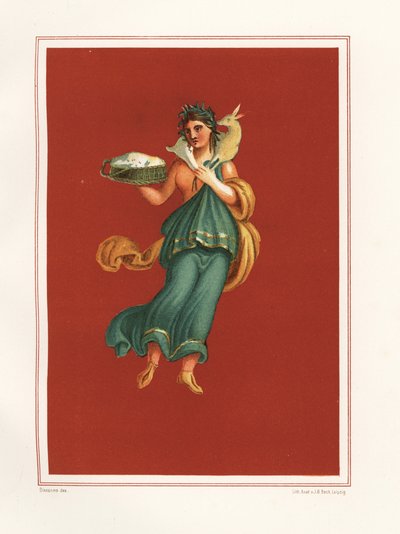 Pintura mural alegórica de la Primavera del lado oeste del atrio del Regio IX.V.11. Sostiene una cesta de queso y lleva un cordero sobre los hombros. Cromolitografía de J. G. Bach a partir de una ilustración de Geremia Discanno de Emile Presuhn (1844-1878) de Geremia Discanno