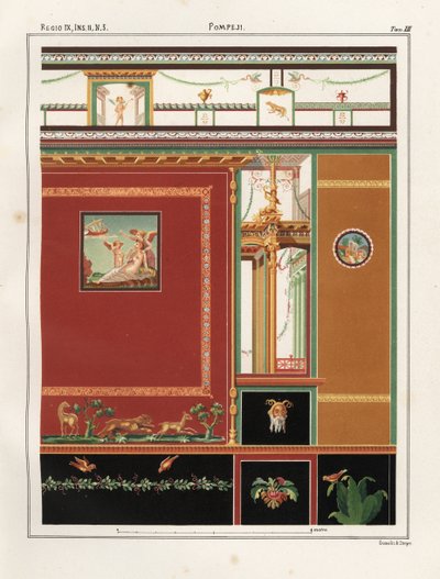 Ariadna observa la salida de la barca de Teseo de la isla de Naxos. Mural de un triclinio en una tienda/vivienda en Regio IX.II.5, Pompeya. Cromolitografía de Victor Steeger a partir de una ilustración de Geremia Discanno de Emile Presuhn (1844-1878) The M de Geremia Discanno