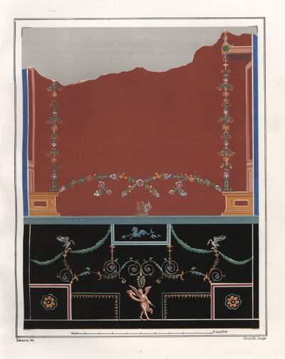 Mural de un atrio de la casa de Triptólemo. VI, Ins. VII, nº 18. Cromolitografía de Victor Steeger a partir de una ilustración de Geremia Discanno de Emile Presuhn (1844-1878) Las más bellas pinturas de Pompeya, Leipzig. de Geremia Discanno