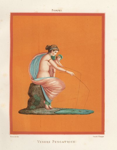 Mural de Venus y Cupido pescando con cañas en un estanque. Se encuentra en Regio V.V.3, la Casa de los Gladiadores. Cromolitografía de Victor Steeger a partir de una ilustración de Geremia Discanno de Emile Presuhn (1844-1878) Las pinturas más bellas de Po de Geremia Discanno